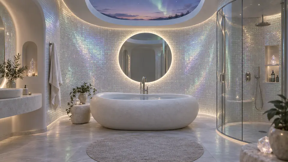 Bathroom with a pebble bath and a halo mirror