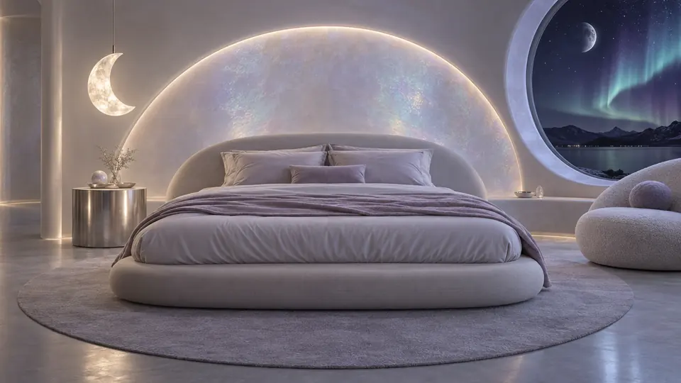 Bedroom with a rounded bed, a moon lamp and an aurora window
